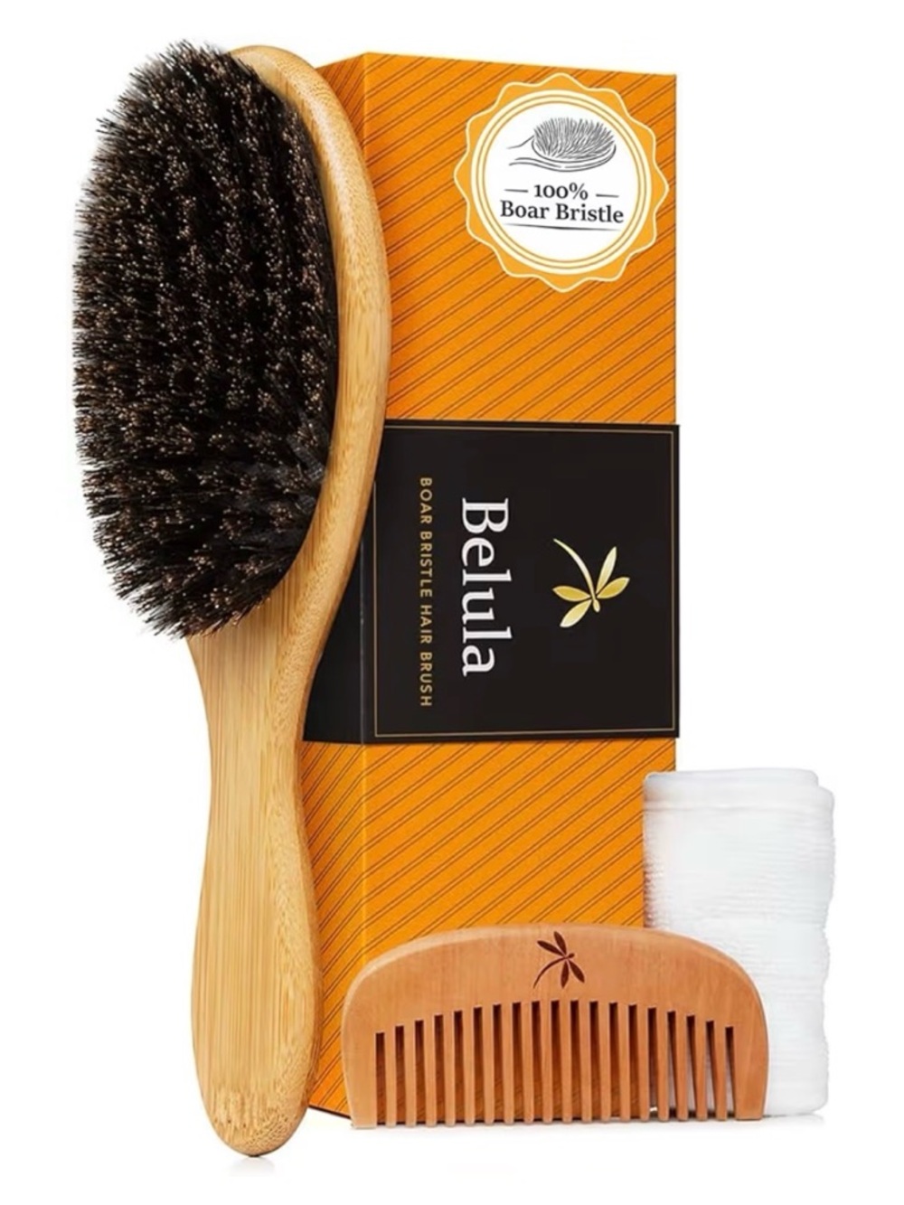 Belula 100% Boar Bristle Oval Fine Hair Brush Bamboo Handle Cushion Base w Comb